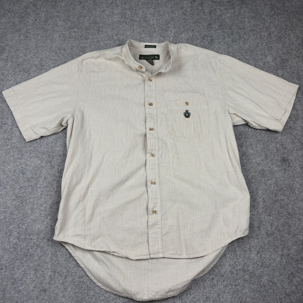 Knights of Round Table Button Up Shirt Mens Medium Tan Gingham Golf Short Sleeve
